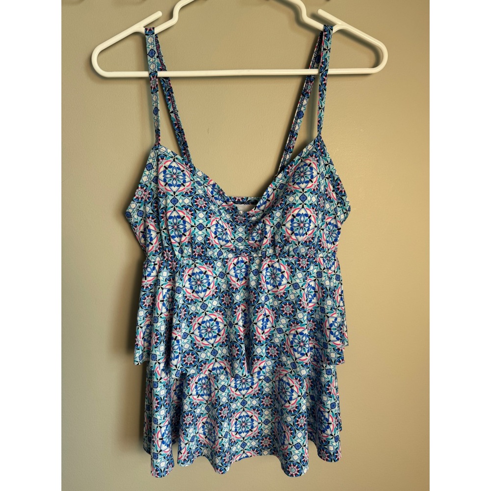 Christina Geometric Tiered Tankini Top Blue Boho Tropical Swimwear Womens 10